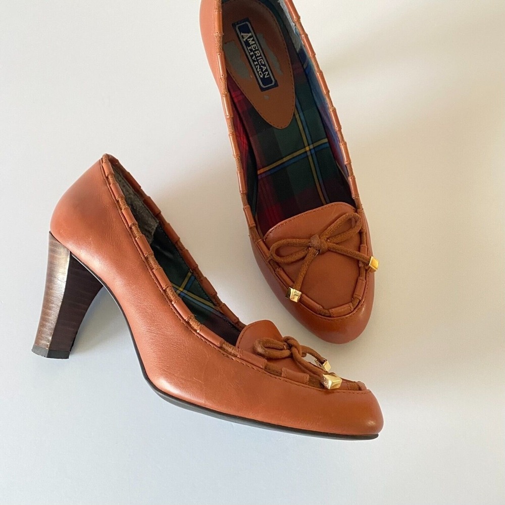 American Living Reid Leather Loafer Pumps Brown Size 8.5 Bow Y2K Academia Good.
